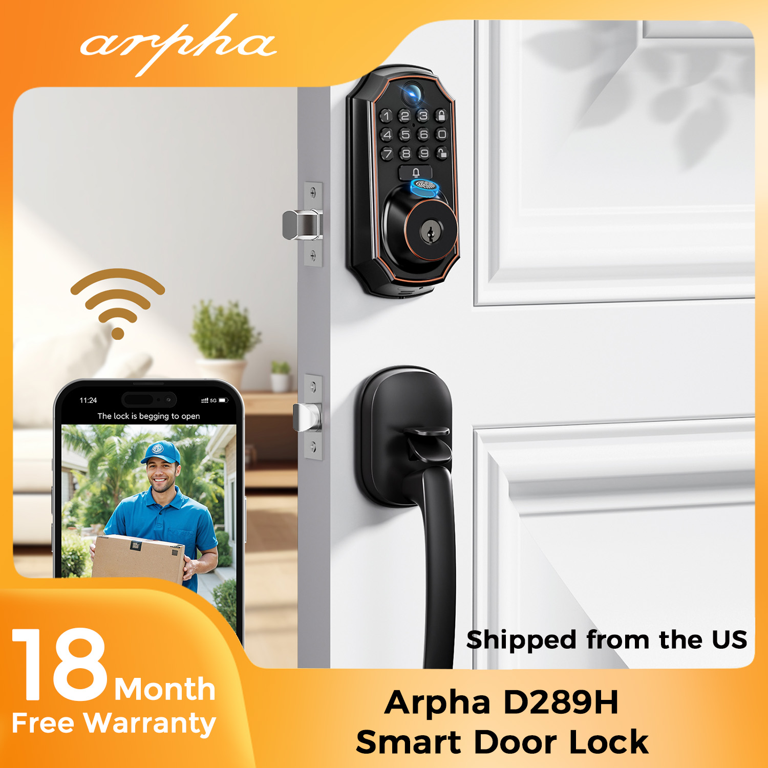 Home Security Front Door Camera - ARPHA D289H กลอนประตูอัจฉริยะพร้อมกล้อง ควบคุมผ่านแอป ระบบสแกนลายนิ้วมือและปุ่มกด ตัวกริ่งในตัว