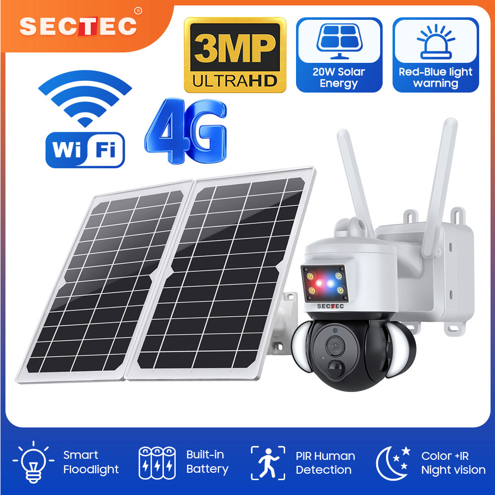 Home Security Flood Lights - Sectec ไฟฉายพลังงานแสงอาทิตย์20W, แบตเตอรี่พลังงานแสงอาทิตย์สีแดงสีฟ้าเตือนแสงไฟ PTZ กล้อง Wi-Fi